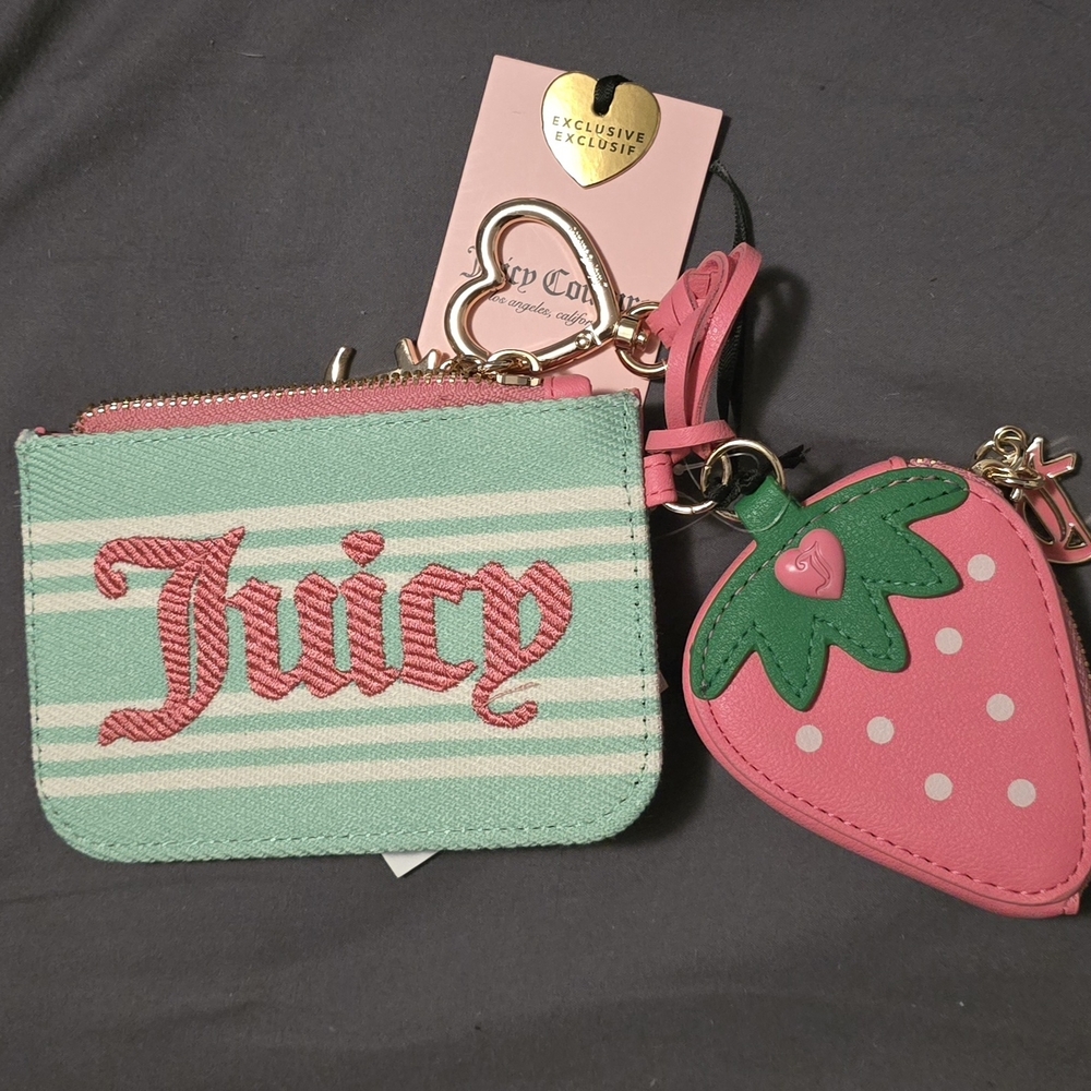 Juicy Couture Mint Green Stripe Coin Pouch with Pink Strawberry Charm